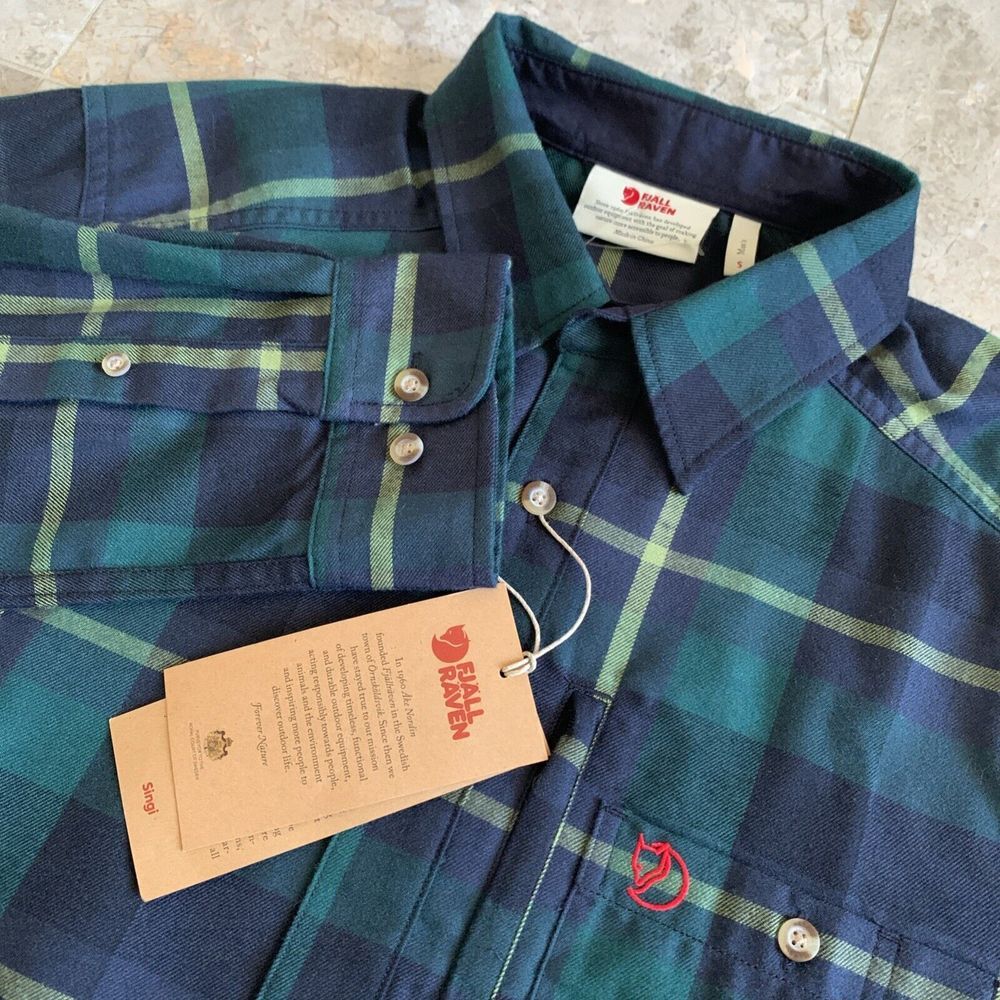 Fjallraven Shirt Men Small Fjallglim Flannel Artic Green Plaid Hiking Outdoor
